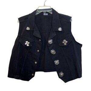 Black Denim Vest Embellished Button Up XL Western‎ Boho Festival Party 90s USA